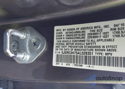 2010 Honda Cr-V Ex-L from USA, damaged, VIN 5J6RE3H75AL028351